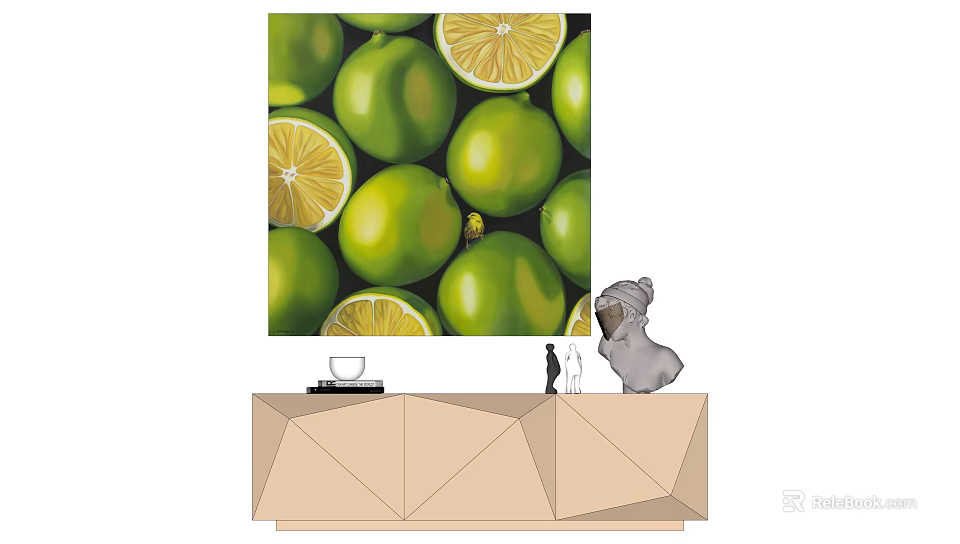 Wall Art With Green Limes And Sliced Lemons Above Geometric Cabinet With Plush Toy 3d model 