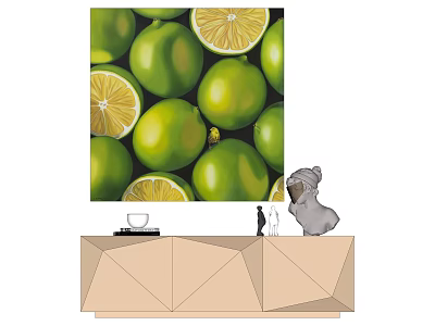Wall Art With Green Limes And Sliced Lemons Above Geometric Cabinet With Plush Toy 3d model