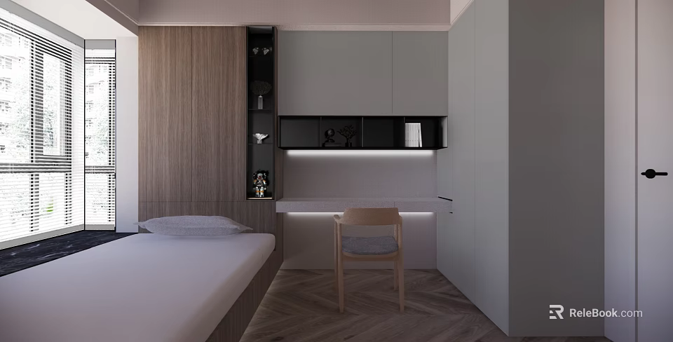 Modern Tatami Bedroom With Wooden Elements Built in Lighting And Minimalist Cabinetry 3d model 
