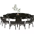 Modern Round Dining Table Set With Chairs Tableware Vase And Decorative Plant 3d model