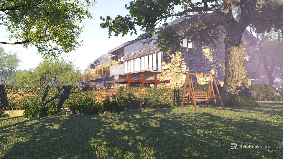 Natural Scenic Garden With Green Lawn Large Tree And Wooden Swing Near Stone House 3d model 