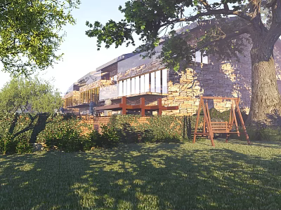Natural Scenic Garden With Green Lawn Large Tree And Wooden Swing Near Stone House 3d model