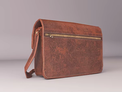 Brown Leather Shoulder Bag With Textured Surface And Gold Zipper Design 3d model