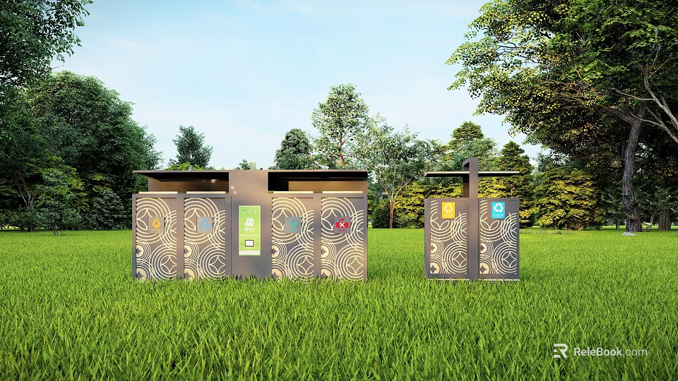 Modern Public Toilets with Decorative Patterns on Green Grass Lawn Surrounded by Trees 3d model 