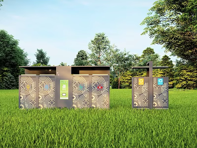 Modern Public Toilets with Decorative Patterns on Green Grass Lawn Surrounded by Trees 3d model