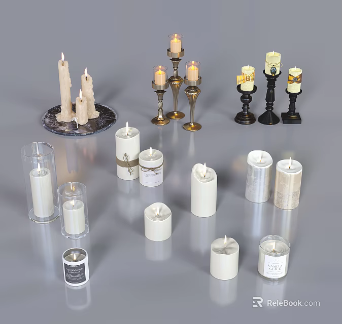 Decorative Candles With Various Holder Designs And Styles For Home Decor 3d model 