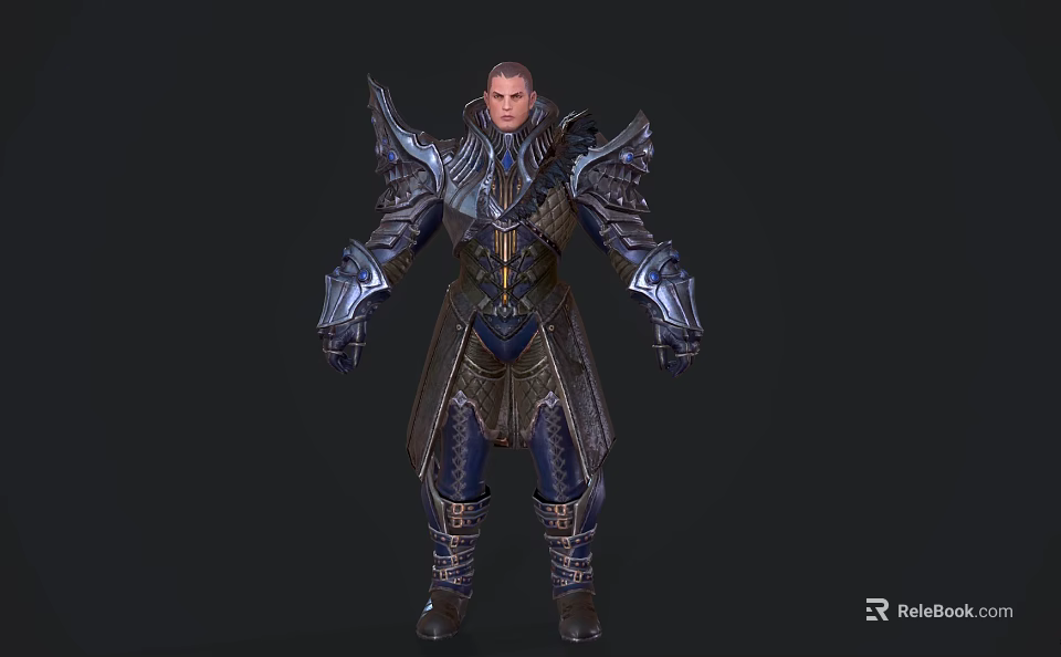 Game Movie Fantasy Warrior Character With Detailed Blue Silver Metallic Armor And Decorative Shoulders 3d model 