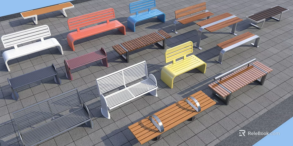 Various Colorful Outdoor Benches With Wooden Metal Designs On Paved Ground 3d model 