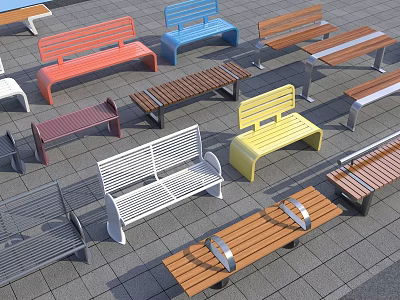Various Colorful Outdoor Benches With Wooden Metal Designs On Paved Ground 3d model