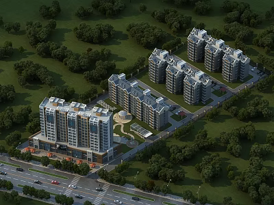 Aerial Planning of Modern Residential Complex with High Rise Buildings Greenery and Roads 3d model