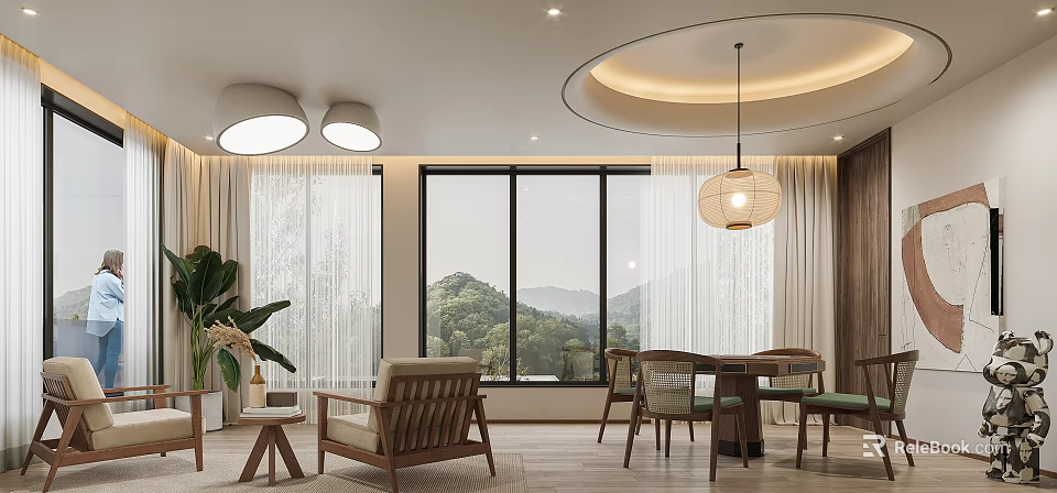 Modern Entertainment Room With Natural View And Wooden Furniture 3d model 
