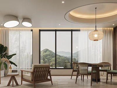 Modern Entertainment Room With Natural View And Wooden Furniture 3d model