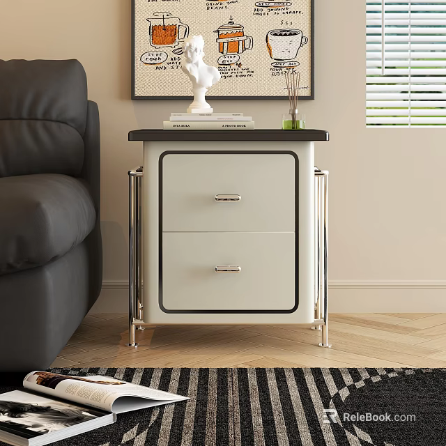 Modern Living Room Side Table With White Drawers And Metal Legs Next To Gray Sofa 3d model 