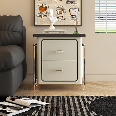 Modern Living Room Side Table With White Drawers And Metal Legs Next To Gray Sofa 3d model