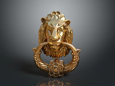 Golden Lion Head Door Handle with Ornate Metal Ring Design for Elegant Home Decor 3d model