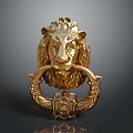 Golden Lion Head Door Handle with Ornate Metal Ring Design for Elegant Home Decor