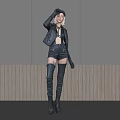 Woman Wearing Black Leather Jacket Shorts and Over Knee Boots by Gray Wooden Wall