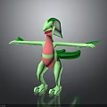 Cartoon Green Creature With Pink Belly Leaf Like Head Extended Limbs Standing On Reflective Surface 3d model