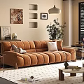 Cozy Living Room Interior With Orange Sofa Wall Shelves Pendant Lamp And Green Plant