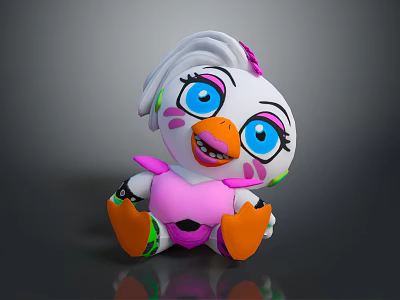 Cute Cartoon Plush Toy With White Hair Big Blue Eyes Pink Blush And Orange Feet 3d model