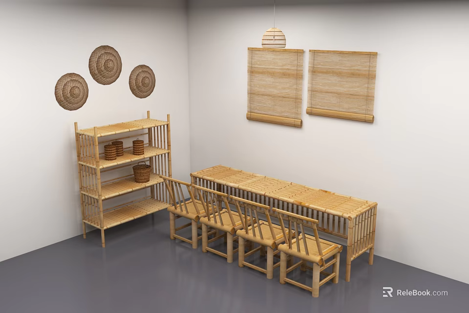 Bamboo Table and Chairs Set with Circular Woven Decor Bamboo Blinds and Shelf 3d model 