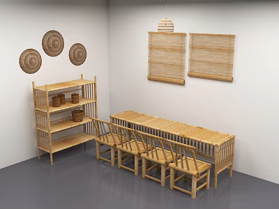 Bamboo Table and Chairs Set with Circular Woven Decor Bamboo Blinds and Shelf 3d model