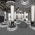 Luxurious Banquet Hall With Tall White Columns Ornate Chandeliers And Circular Stage
