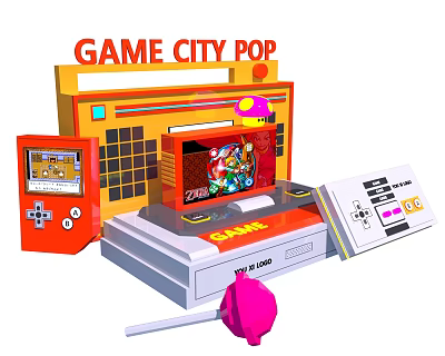 Vibrant Game City Pop Entertainment Electronics With Retro Arcade Machine Game Consoles And Pink Lollipop 3d model