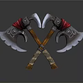 Ornate Crossed Battle Axes With Red Straps Wooden Handles Silver Blades