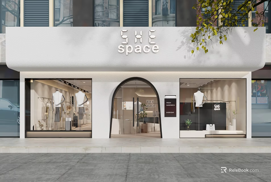 Clothing Store Exterior with Arched Entrance Window Display Mannequins White Building Street and Green Trees 3d model 