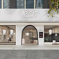 Clothing Store Exterior with Arched Entrance Window Display Mannequins White Building Street and Green Trees