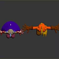 Colorful 3D Cartoon Characters With Blue Purple Cape Red Yellow Horns Arms Outstretched