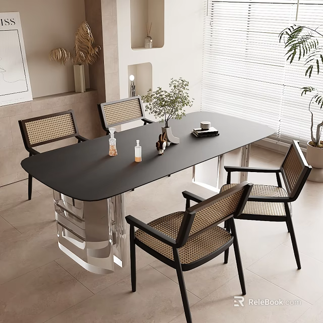 Modern Dining Table Set With Rattan Chairs Metal Frame And Decorative Plants In Minimalist Interior 3d model 