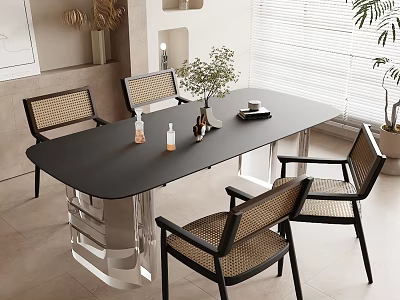Modern Dining Table Set With Rattan Chairs Metal Frame And Decorative Plants In Minimalist Interior 3d model