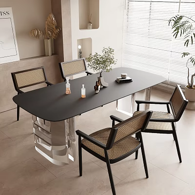 Modern Dining Table Set With Rattan Chairs Metal Frame And Decorative Plants In Minimalist Interior 3d model