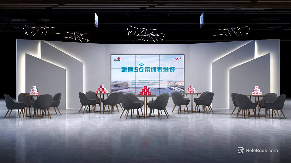 Modern Exhibition Booth With Unicom 5G Broadband Selection Large Screen Display And Tables Chairs 3d model 