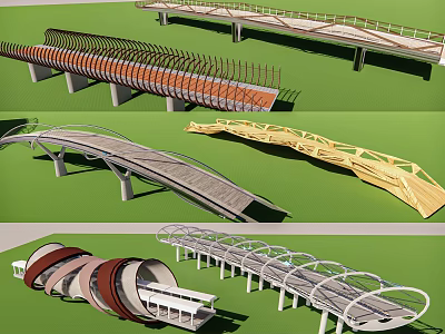 Modern Bridge Designs With Various Curved Spiral Wooden And Metal Structural Elements 3d model