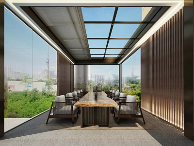 Villa Balcony with Glass Windows Glass Roof Wooden Table Gray Seats Greenery City View 3d model
