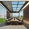 Villa Balcony with Glass Windows Glass Roof Wooden Table Gray Seats Greenery City View