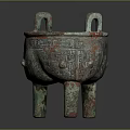 Ancient Bronze Tripod Cauldron With Intricate Patterns Double Handles And Green Patina