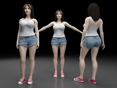 Three Angles View Of Female Model In White Tank Top Denim Shorts And Red Sneakers 3d model