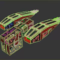 Red Satellite Modules With Green Solar Panels 3D Model For Space Exploration