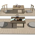 Simple Wooden Tea Table With Chairs And Tea Set On Floor Mat 3d model