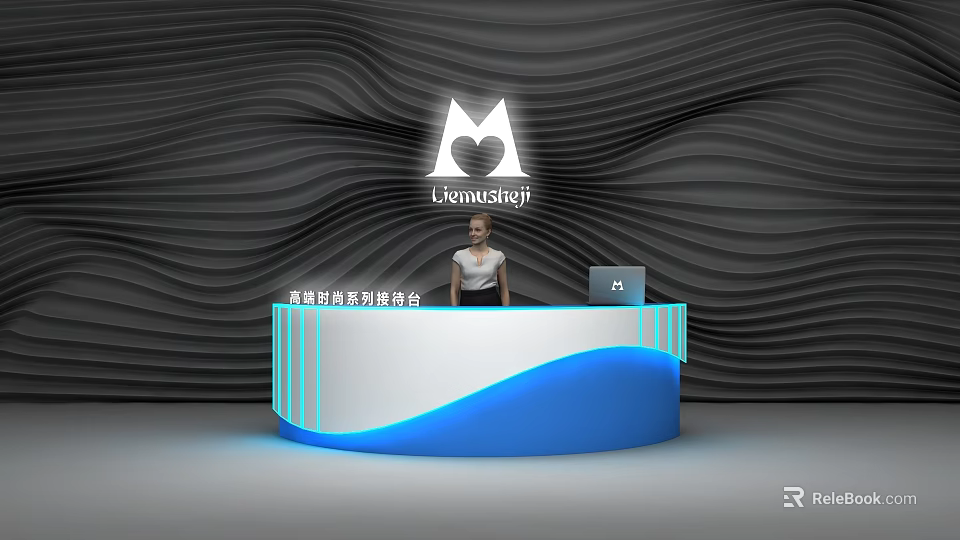 Modern Reception Desk With White Blue Wave Design And Illuminated Logo On Wavy Black Wall 3d model 