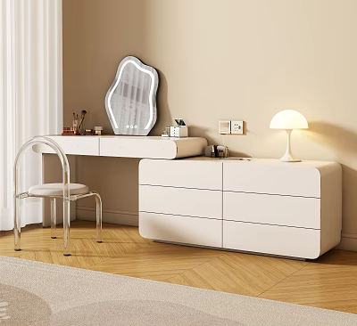 Modern White Dresser With Drawers Transparent Chair Mirror And Lamp On Wooden Floor 3d model