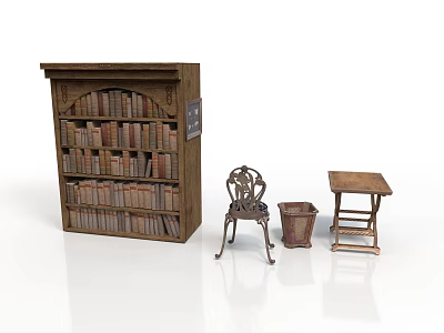 Vintage Wooden Bookshelf With Many Books Iron Chair Small Table And Trash Bin 3d model