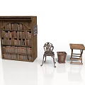 Vintage Wooden Bookshelf With Many Books Iron Chair Small Table And Trash Bin