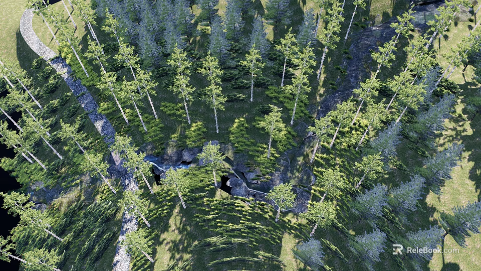 Scenic Park Landscape With Tall Pine Trees Flowing Stream And Green Grass 3d model 