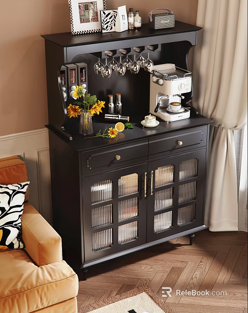 Black Sideboard With Glass Doors Displaying Sunflower Bouquet Coffee Maker And Spice Jars In Home 3d model 