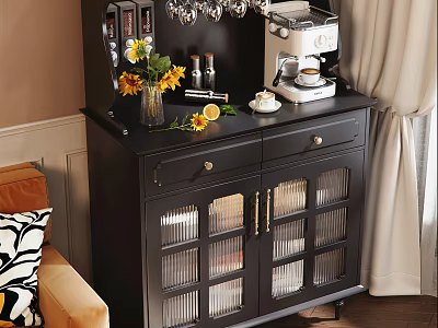 Black Sideboard With Glass Doors Displaying Sunflower Bouquet Coffee Maker And Spice Jars In Home 3d model